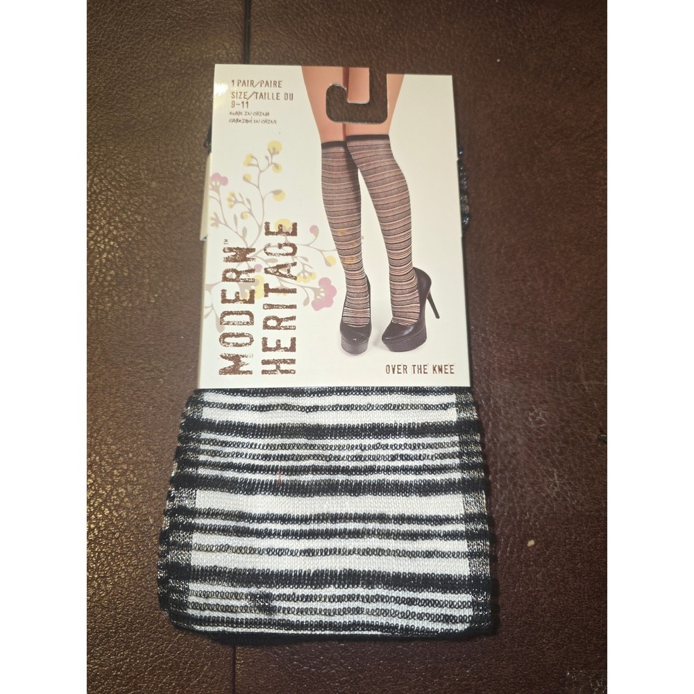 Modern Vintage Black White Striped Knee High Socks Size 9-11 New RN 127696